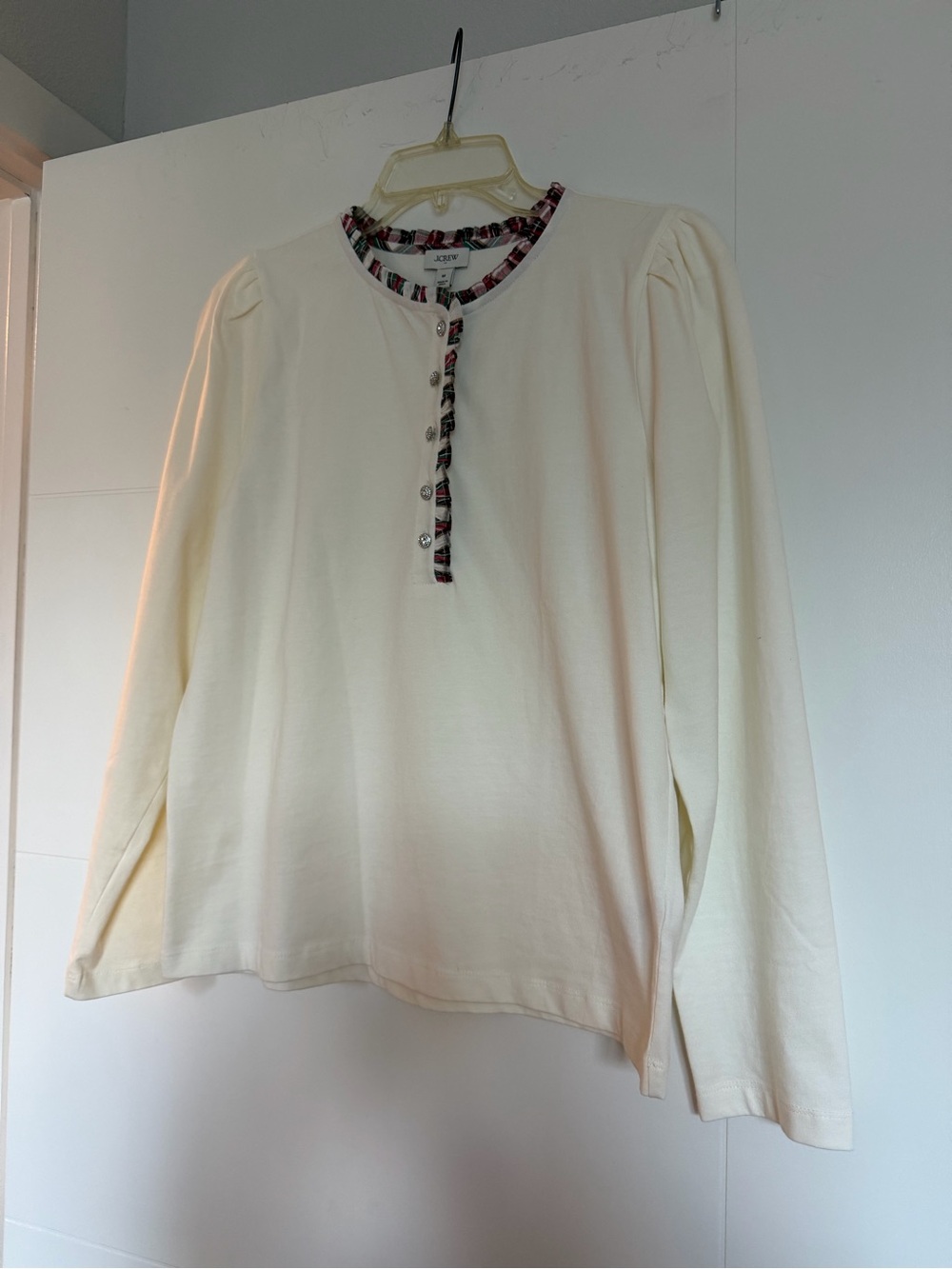 JCrew women’s Long-Sleeve Top with Plaid Trim and rhinestone buttons!